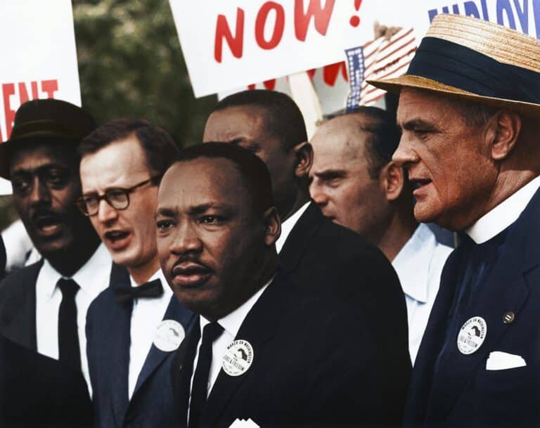 Martin Luther King, Jr. and Mathew Ahmann in a crowd of demonstrators at the March on Washington