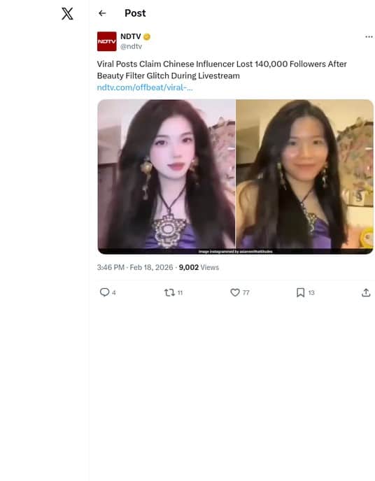 filter fails chinese influencer tweet from NDTV